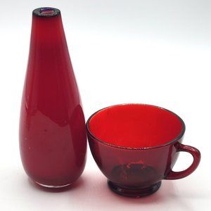 Ruby Red Glass Vase & Cup Home Decor Display Set